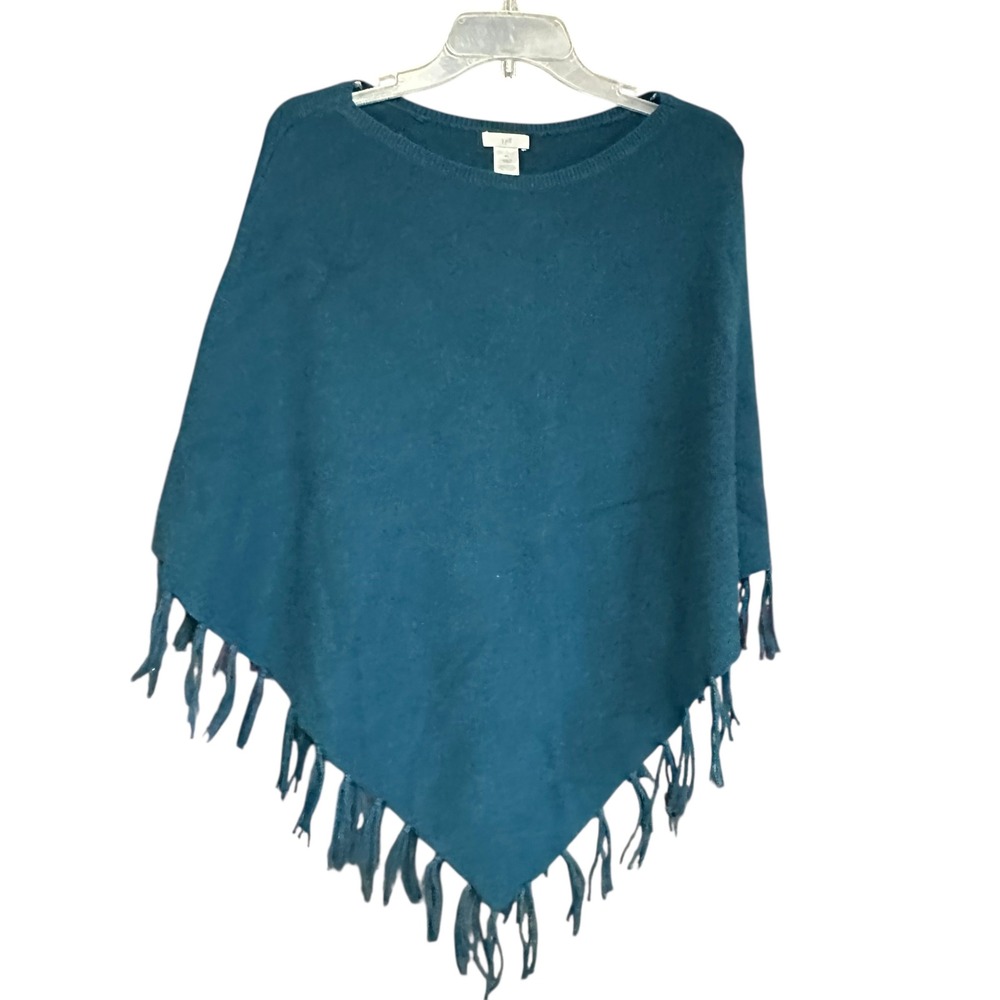 J Jill Teal Blue Fringe Poncho Sweater Women Sz S-L Boho Casual Cowgirl Western‎